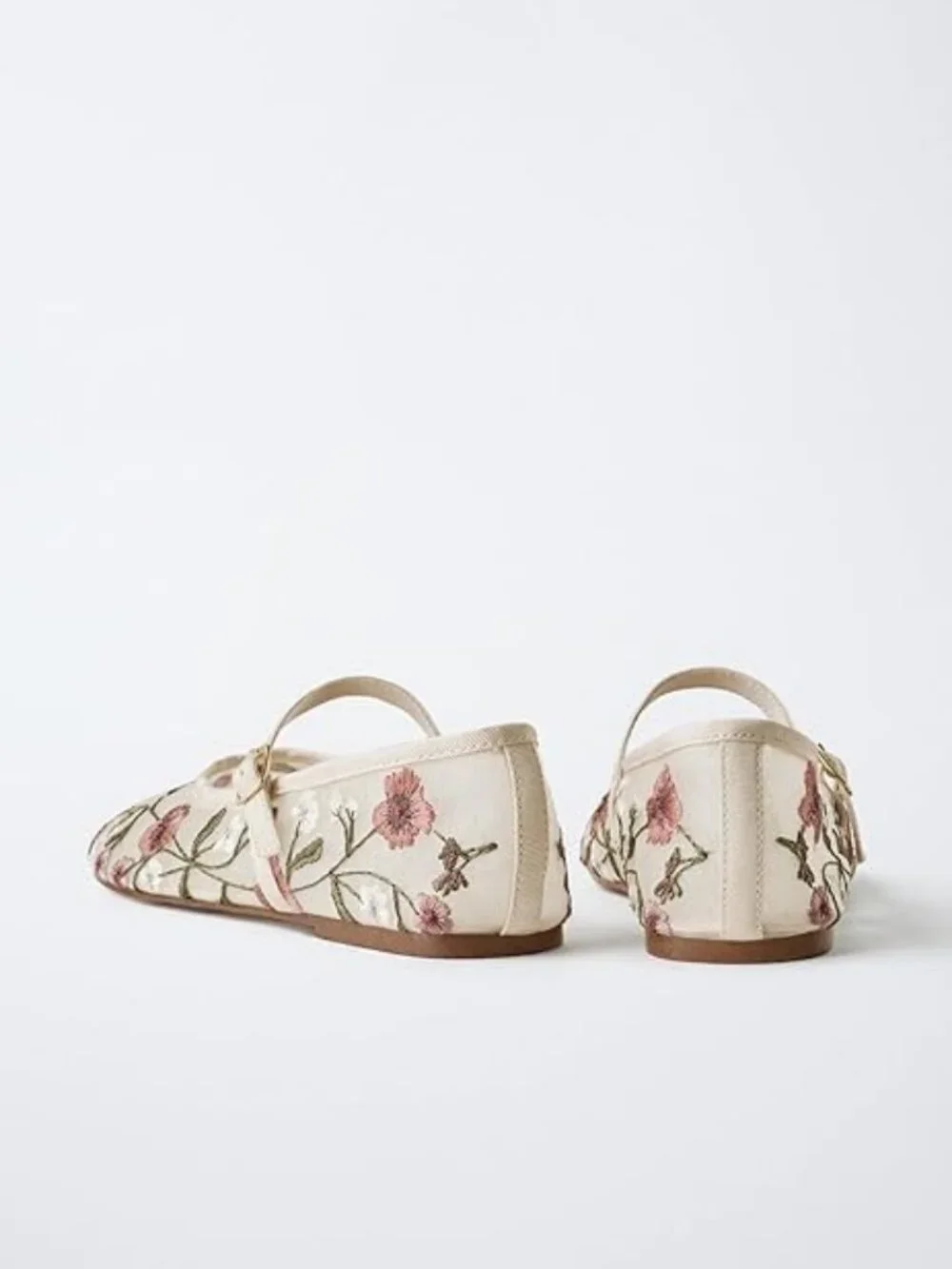 Women's Beige Floral Mesh Ballet Flats Strap Round Toe Slip On Dressy Shoes